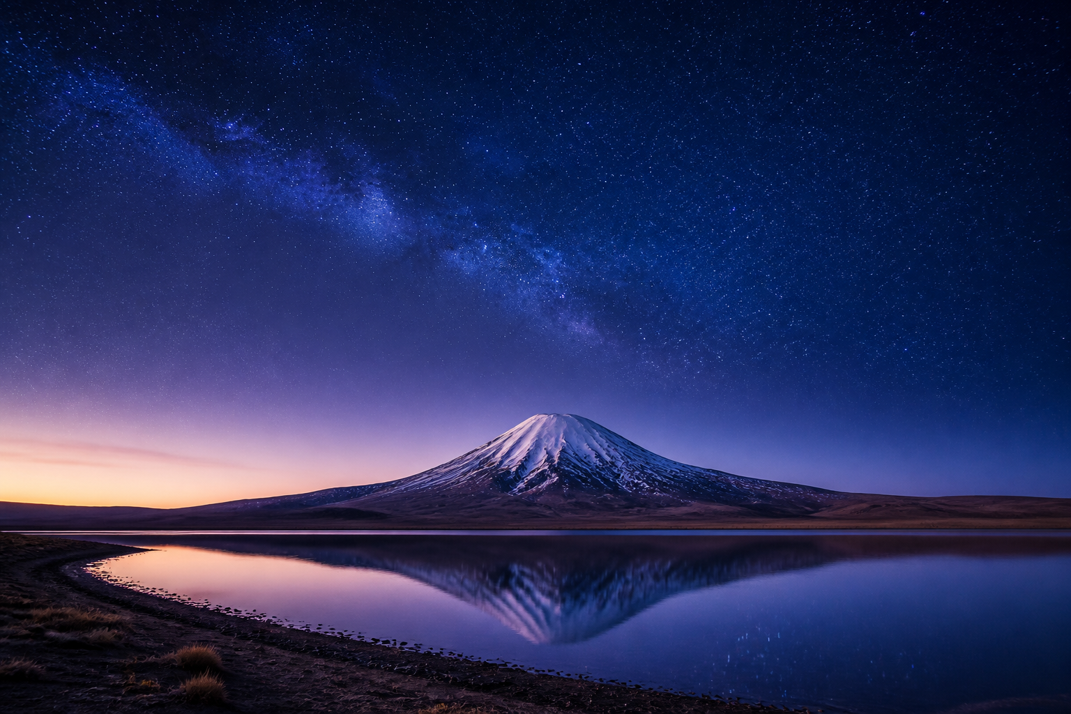 Panorama nocturno del altiplano con cielo estrellado, volcán y laguna